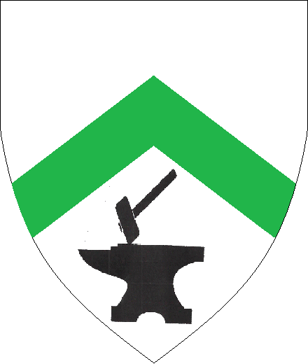 Stan the blacksmith arms: (Pending) Argent, a chevron Vert and in base a hammer bend sinisterwise striking an anvil Sable.