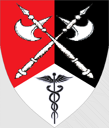 Kodiak arms: Per pall inverted Gules, Sable and Argent, two poleaxes crossed in saltire Argent and in base a caduceus Sable.