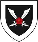 Dame Kara Jonsdottir arms: Sable, two scimitars crossed in saltire Argent surmounted by a rose Proper, all within a border Argent.