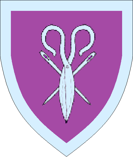 Dame Eilish arms: Purpure, two needles in saltire surmounted by a pair of scissors closed and inverted within a bordure Argent.