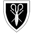  arms: Sable, two needles in saltire surmounted by a pair of scissors closed and inverted within a bordure Argent.