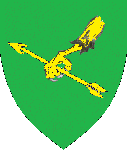 Dame Lucille arms: Vert, an eagle's leg erased in bend sinister grasping an arrow bendwise Or.