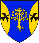 Dame Gunborg Andersdotter arms: Azure, a linden tree eradicated between two flaunches Or, each charged with a raven volant in chevron.