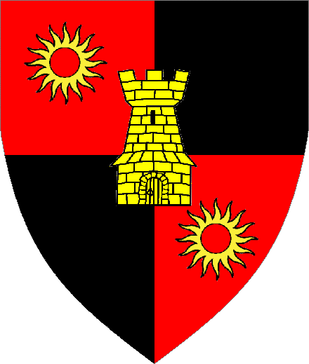 Tobias Bailey arms: Quarterly Gules and Sable, a tower between in bend two suns eclipsed Or.