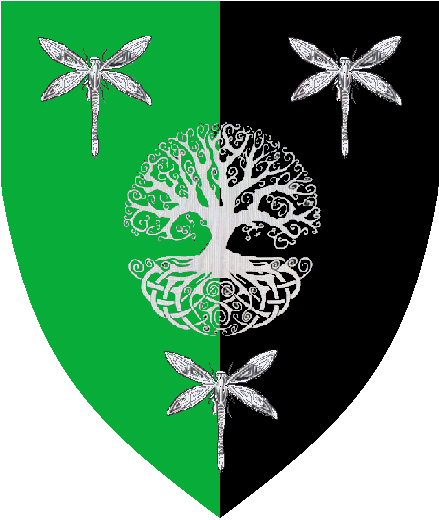 Dame Ishild Drekidottir arms: Per pale Vert and Sable, an oak tree blasted and eradicated between three dragonflies Argent.