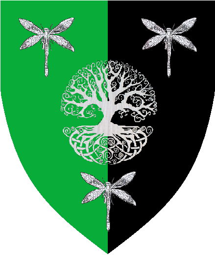 Ishild Drekidottir
(Pending) Per pale Vert and Sable, an oak tree blasted and eradicated between three dragonflies Argent. Ishild Drekidottir heraldry