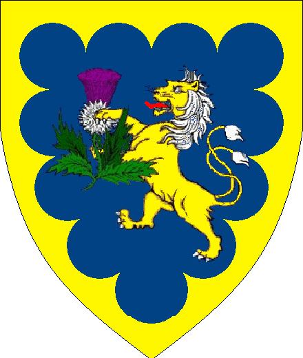 Azure, a lion double queued Or marked, orbed and armed Argent, langued Purpure sustaining a thistle Proper within a bordure engrailed Or.