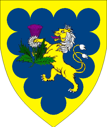 Elizabeth of Blackpoole
Azure, a lion double queued Or marked, orbed and armed Argent, langued Purpure sustaining a thistle Proper within a bordure engrailed Or. Elizabeth of Blackpool heraldry