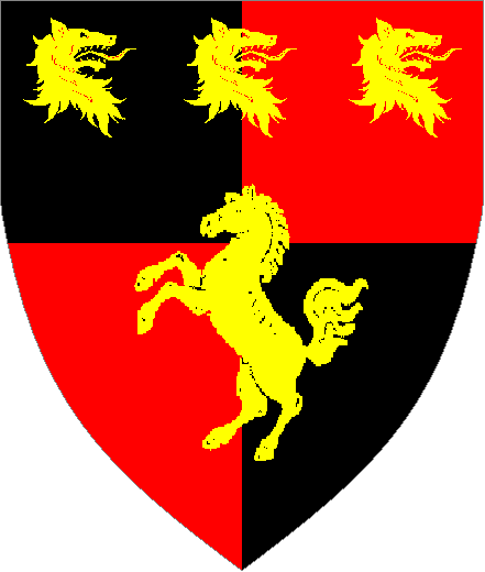 Squire Inigo Caballero arms: Quarterly Sable and Gules, a horse Salient and in chief three wolf heads erased contorney Or.