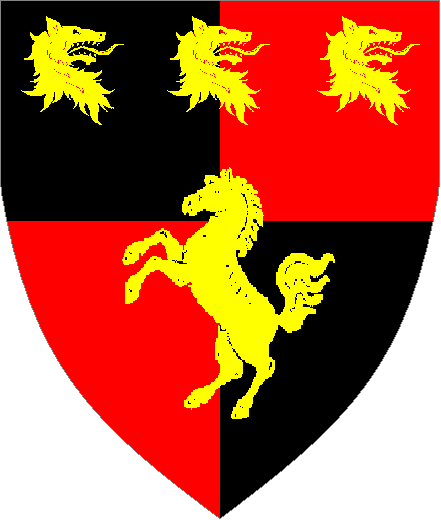 Quarterly Sable and Gules, a horse Salient and in chief three wolf heads contourney erased Or.