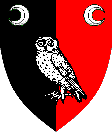  arms: Per pale Sable and Gules,  an owl and in chief a crescent and decrescent Argent.
