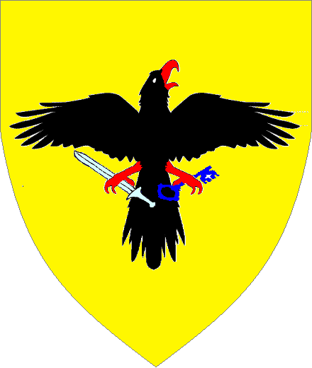 Sir Lt. George Pollock (ret.) arms: Or, a raven displayed extended contourne Sable armed and legged Gules maintaining in its dexter talon a sword bendwise Argent and in its sinister talon a key bend-sinister-wise wards to base Azure.