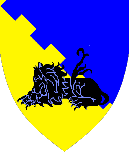 Ahlma Holgomoe
Per bend embattled Or and Azure, a lion dormant born to base Sable. Ahlma Holgomoe heraldry