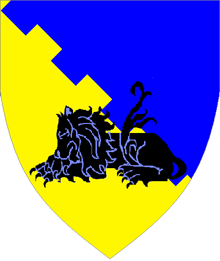 Dame Ahlma Holgomoe arms: Per bend embattled Or and Azure, a lion dormant born to base Sable.