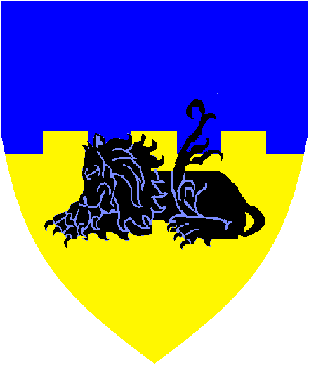 Dame Ahlma Holgomoe arms: Per fess embattled Azure and Or, a lion dormant born to base Sable.