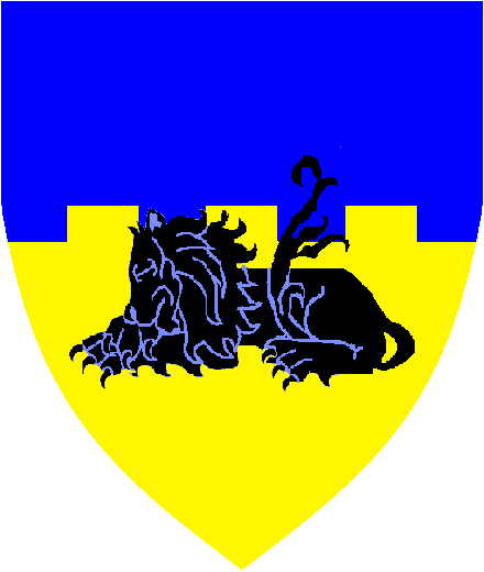 Ahlma Holgomoe
Per fess embattled Azure and Or, a lion dormant born to base Sable. Ahlma Holgomoe heraldry