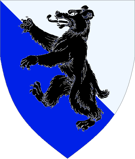 Squire Bjorn arms: Per bend Argent and Azure, a bear rampant Sable.