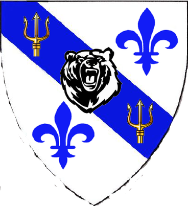 Donald Durnil arms: Argent, on a bend between two fleur-de-lis' Azure, between two tridents Or a bear's head caboshed Argent.