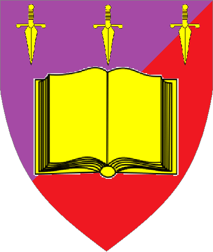 Sir Finn Au Donna arms: Per bend sinister Purpure and Gules, an open book and in chief three daggers inverted Or.