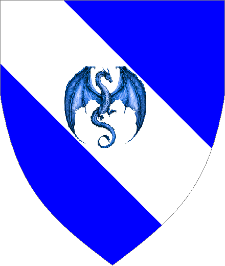 Sheldon arms: (Pending) Azure, on a bend Argent a wyvern contourne disclosed Azure.