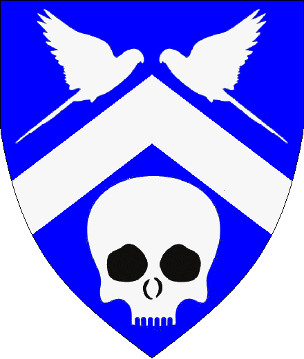 Millea The Haunted arms: Azure, a chevron between two popinjays respectant volant and in base a jawless human skull all Argent.