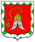 Dame Isabella Cristofori arms: Gules, a hawks lure Argent capped and strung Or and on a bordure Argent a semy of lozenges Vert.