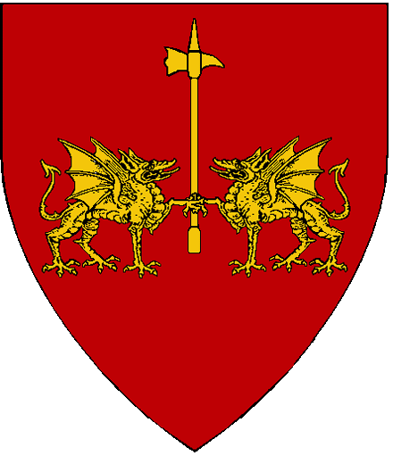 Sir Johan von Hohenstaufen arms: Gules, two dragons passant respectant maintaining between them a warhammer Or