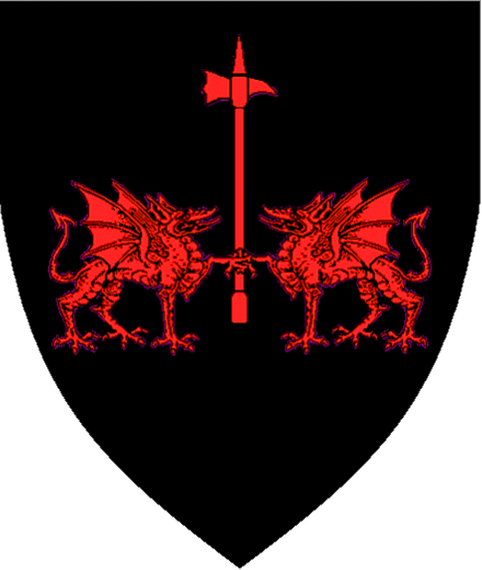 Johan "Warhammer" von Hohenstaufen Draconis Principalites etc. etc. etc.
Sable, two dragons passant respectant maintaining between them a warhammer Gules Johan von Hohenstaufen heraldry