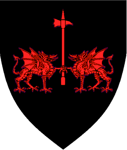 Sir Johan von Hohenstaufen arms: Sable, two dragons passant respectant maintaining between them a warhammer Gules