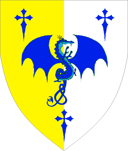 Per pale Or and Argent, a Dragon von Ramnstein between three Latin crosses clechy all Azure.