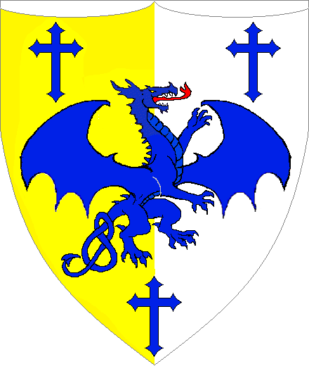 Coda der Sohne des Drachen Sanguinarius Viggo Manfred Wolfram von Ramnstein
Per pale Or and Argent, a Dragon von Ramnstein between three Latin crosses clechy all Azure. Coda von Ramnstein heraldry