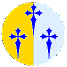 Coda der Sohne des Drachen Sanguinarius Viggo Manfred Wolfram von Ramnstein
Per pale Or and Argent, three Latin crosses clechy one and two Azure. Coda von Ramnstein heraldry