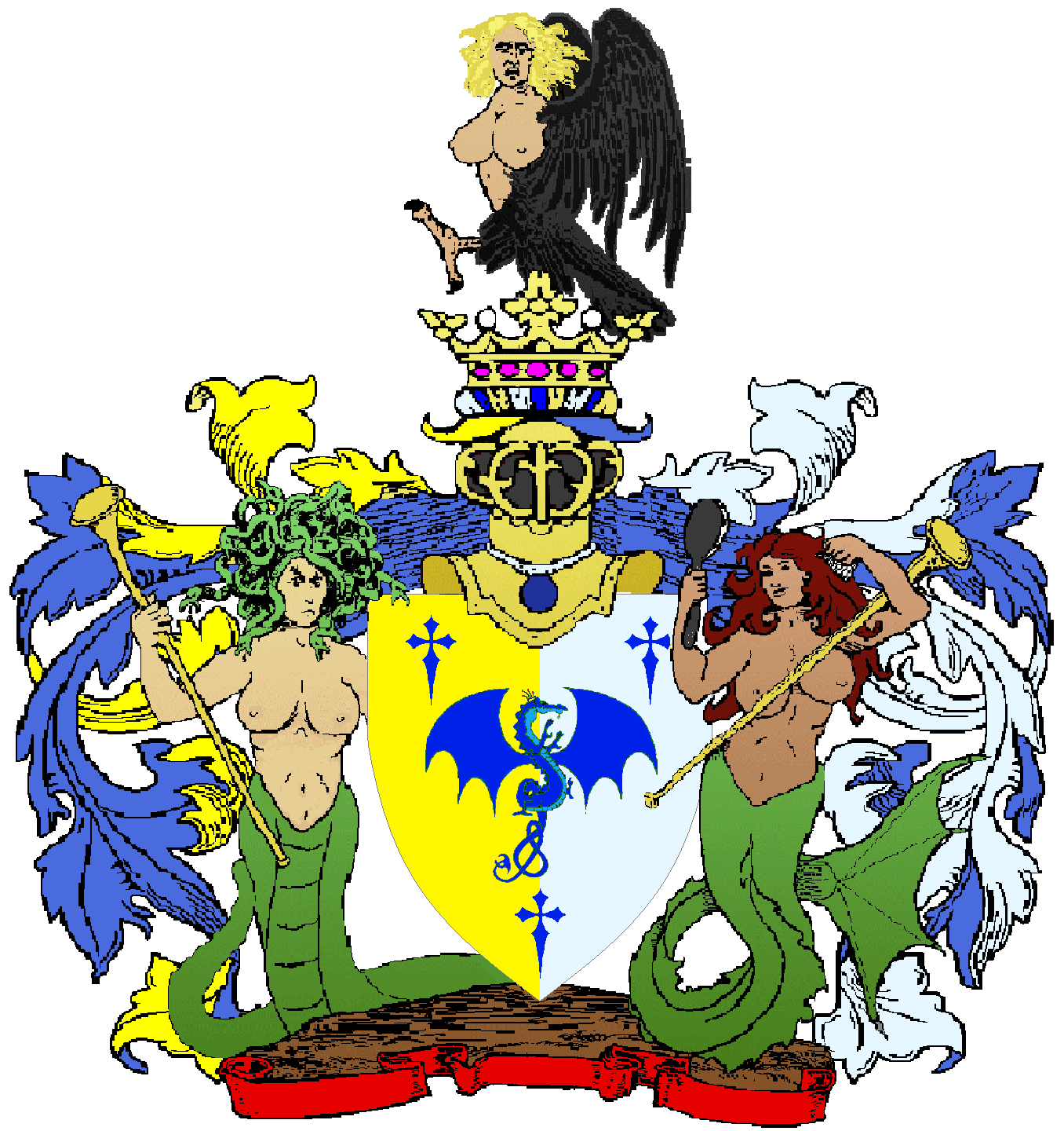 Per pale Or and Argent, a Dragon von Ramnstein between three Latin crosses clechy Azure. For a crest mantled Azure, Or and Argent, upon a gentleman's helm, a crown Or sustaining a harpy, the whole supported by in sinister a naga and in dexter a mermaid in her pride Proper both maintaining trumpets Or. If no image is displayed, please contact your local SoA.