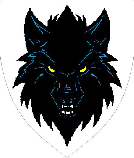 Sir Coda von Ramnstein arms: Argent, a wolf's head caboshed Sable orbed Goutte d'Or armed Argent.