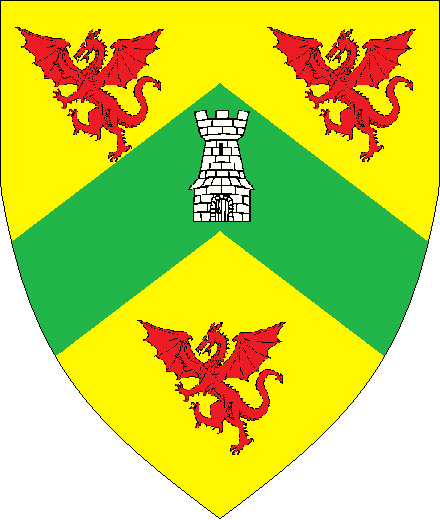 Patrick Gullidge
Or, on a chevron Vert between three dragons segreant wings displayed Gules, a tower Argent Patrick Gullidge heraldry