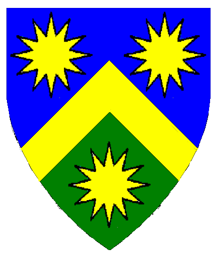 Sir Eric Svartr arms: Per chevron Azure and Vert, a chevron between three mullets of twelve points Or