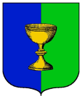 Isabel McDonnon arms: Per pale Azure and Vert a chalice Or