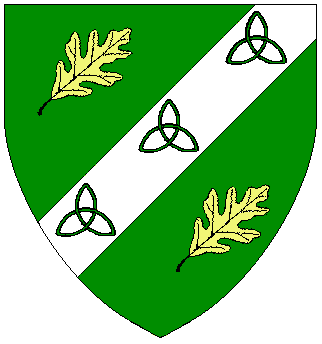 Vert, on a bend sinister Argent between two oak leaves bendwise Or, three triquetra Vert If no image is displayed, please contact your local SoA.