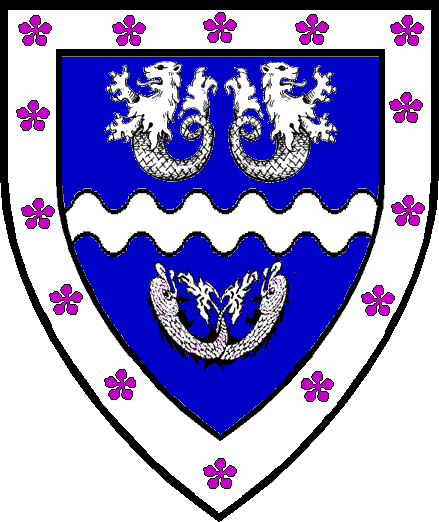 Azure, a fess wavy between in chief two sea lions addorsed and in base two fishes hauriant embowed pilewise tails entwined all within a bordure Argent semi of cinquefoiles Purpure. If no image is displayed, please contact your local SoA.
