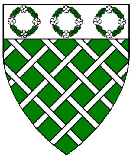 Dame Anne Bryce of Kincraig arms: Vert, fretty Argent, on a chief Argent three chaplets Vert