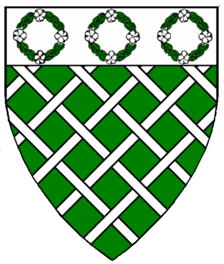  arms: Vert, fretty Argent, on a chief Argent three chaplets Vert