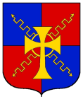 Quarterly Azure and Gules, two lightening bolts in saltire surmounted be a Celtic cross Or If no image is displayed, please contact your local SoA.