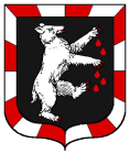 Sir Hamish arms: Sable, a bear rampant contourne Argent armed, langued and embrued Gules, a bordure compony Gules