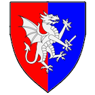 Per pale gules and azure, a dragon segreant contourny maintaining a fracted sword argent If no image is displayed, please contact your local SoA.
